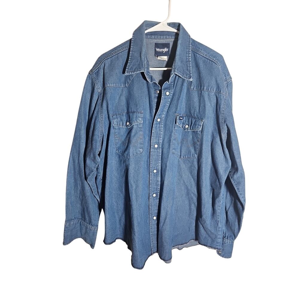 Vtg Wrangler Pearl Snap Shirt Mens XXL Blue Denim Long Sleeve Western Cowboy 90s
